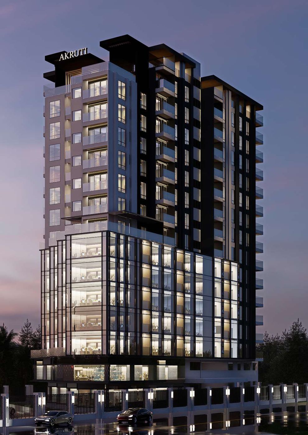 Akruti Skyrise tower at dusk